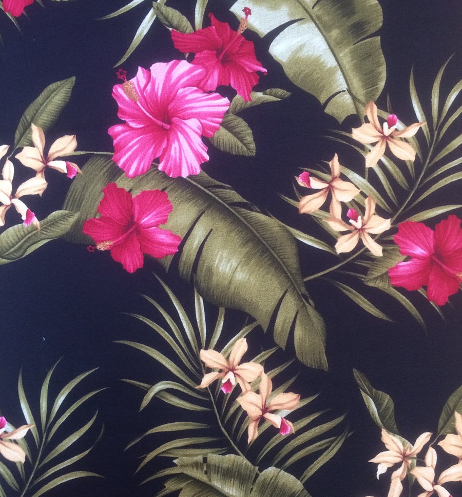 Black Tiki Tropical Pink Floral Barkcloth  VIntage fabric Lampshade Option