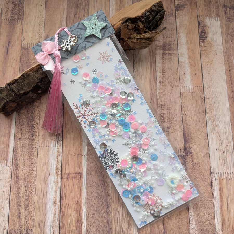 Handmade pretty winter themed shaker bookmark, gift for book lover. 