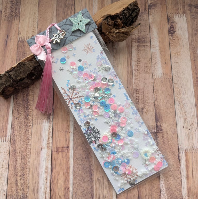 Handmade pretty winter themed shaker bookmark, gift for book lover. 