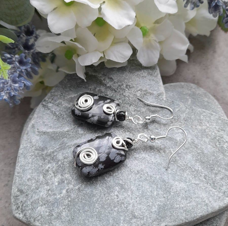 Wire Wrapped Snowflake Obsidian Semi Precious Gemstone Earrings