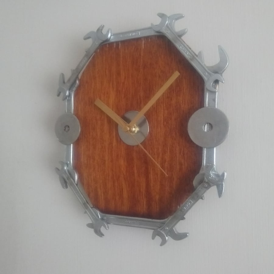 Reclaimed Spanner Wall Clock on Wooden Backing