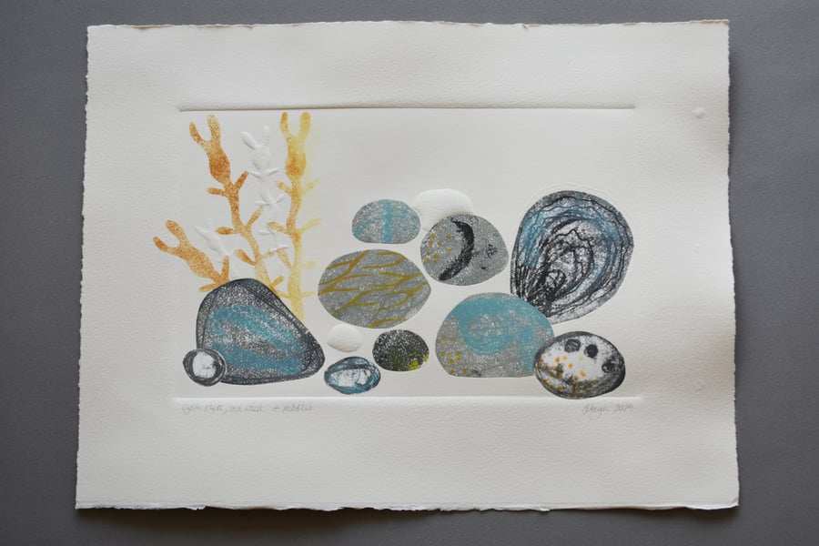 ORIGINAL monoprint and collage -  Oystershell, seaweed and pebbles