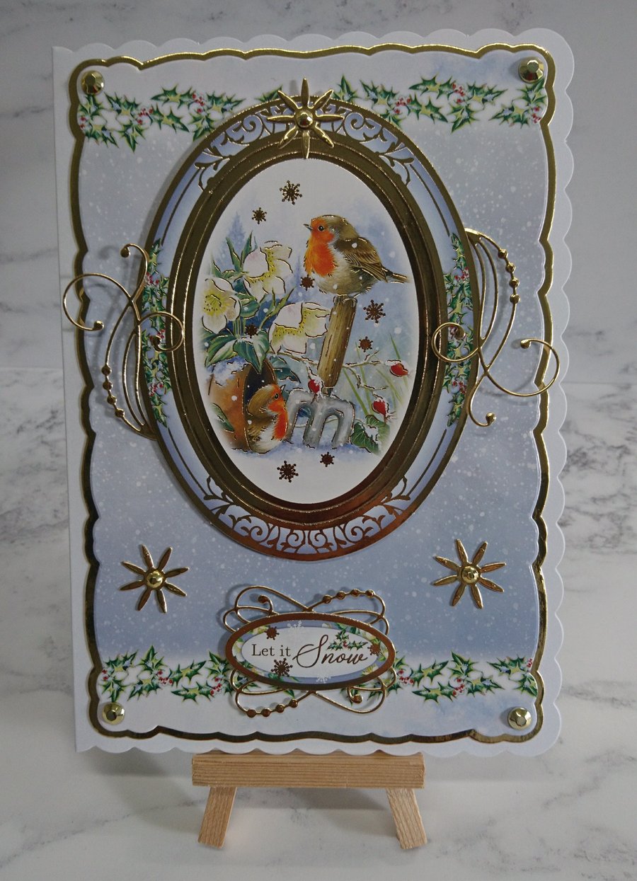Handmade Christmas Card Let it Snow Robins Garden Snowdrops Snow