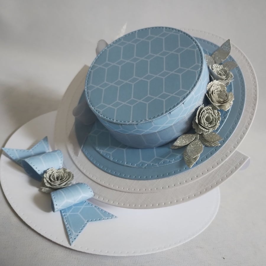 Beautiful Blue Hat Easel Card with Silver Roses and Box