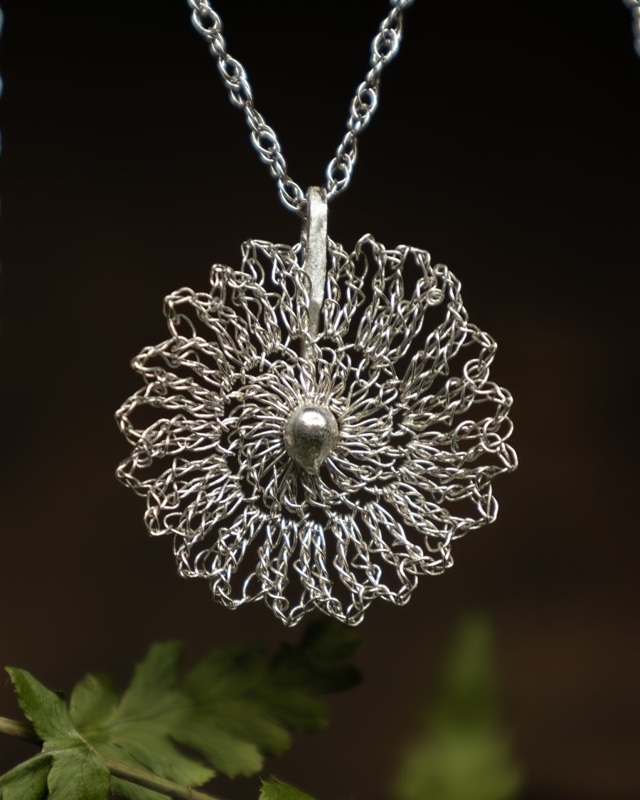 Crocheted Silver Wildflower Pendant - 18" Sterling Silver Eco Chain Free Postage