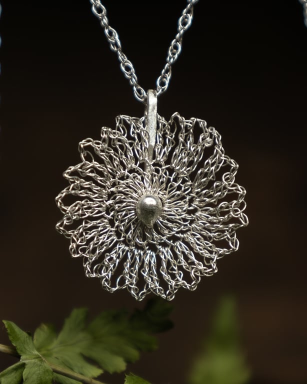 Crocheted Silver Wildflower Pendant - 18" Sterling Silver Eco Chain Free Postage