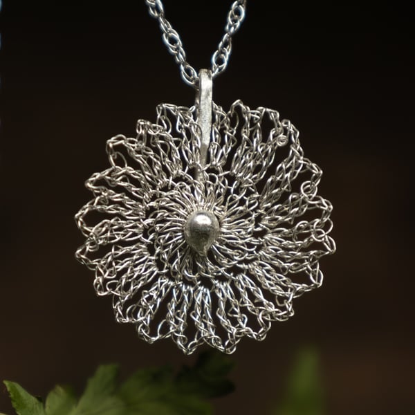 Crocheted .999 Silver Wildflower Pendant 