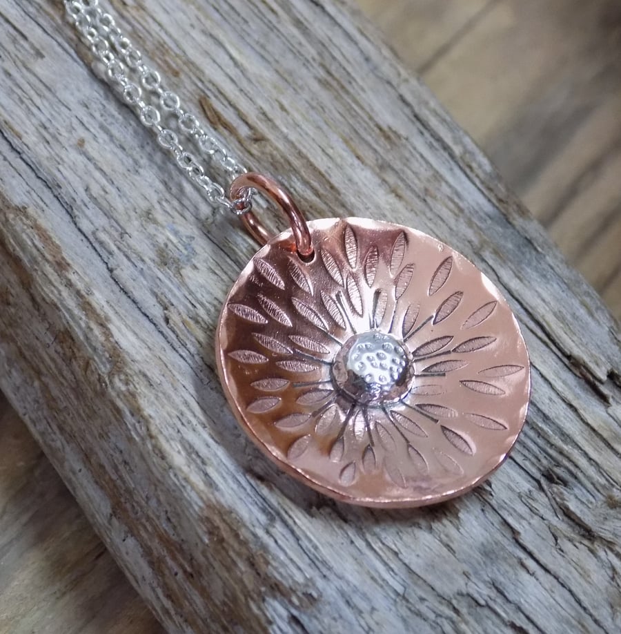 Copper 'flower' mixed metal pendant  necklace 
