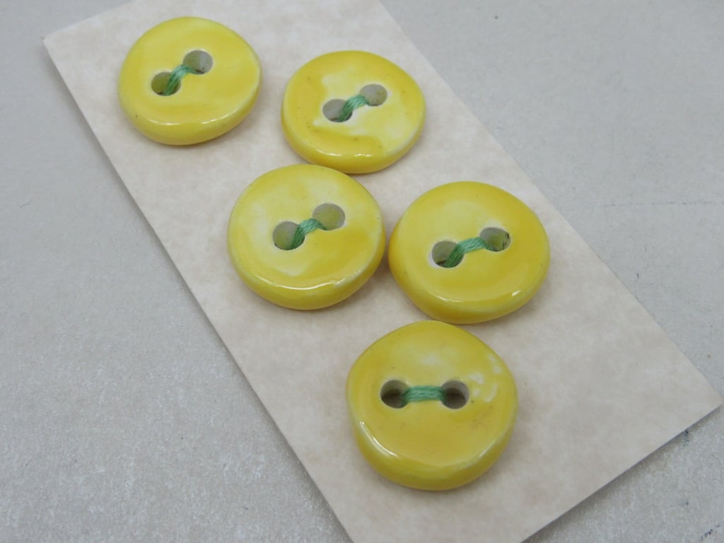 5 Small Round Lemon Yelllow Ceramic Buttons