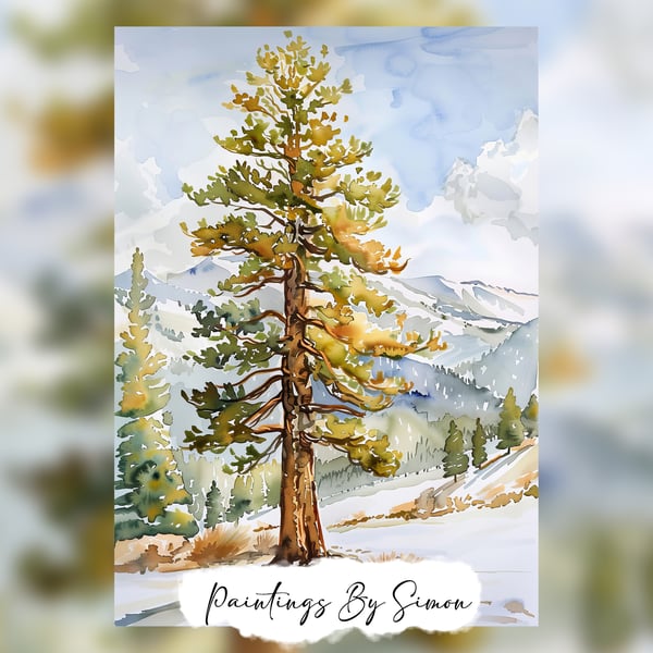 Majestic Pine Tree, Watercolor Painting Print 5"x7" on Matte Paper