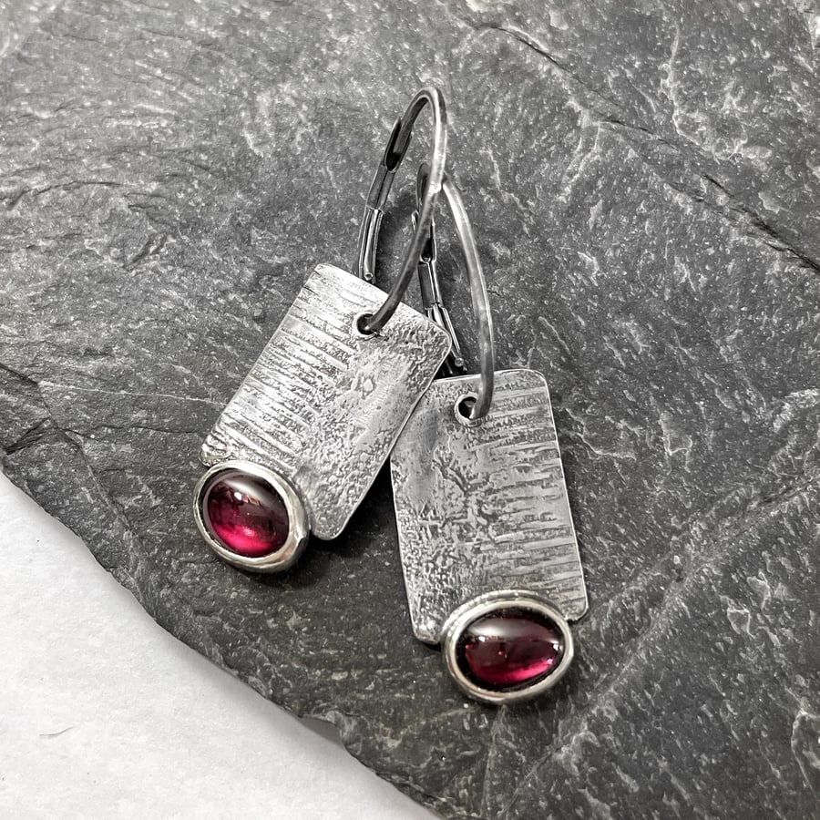 Oxidised sterling silver and red garnet industrial look earrings