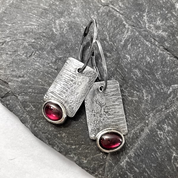 Oxidised sterling silver and red garnet industrial look earrings