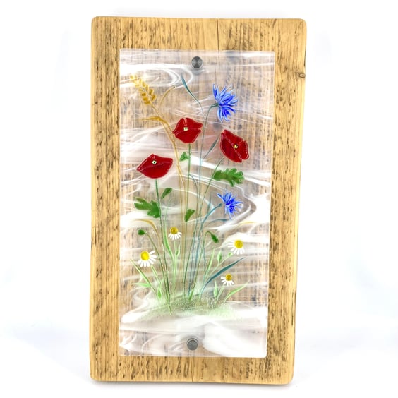 Wild Flowers Fused Glass Mounted on Reclaimed Wood