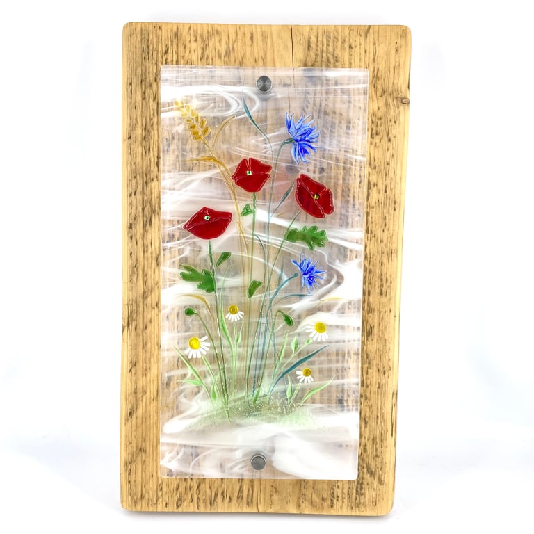 Wild Flowers Fused Glass Mounted on Reclaimed Wood