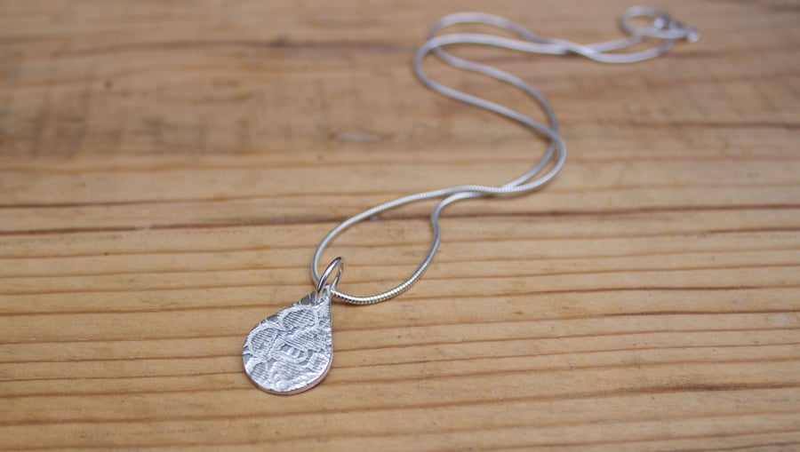 Eco Silver (fine recycled silver) Teardrop Pendant With Vintage Lace Pattern