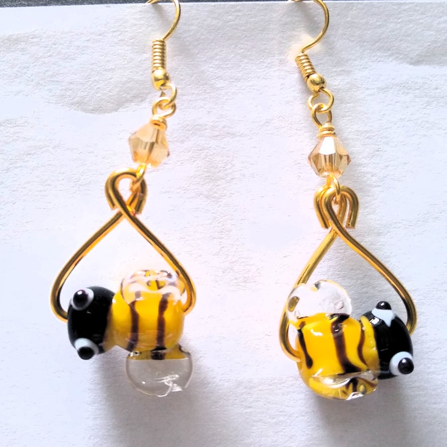 3D Lampwork Glass Bee Gold Plate Dangle Earrings