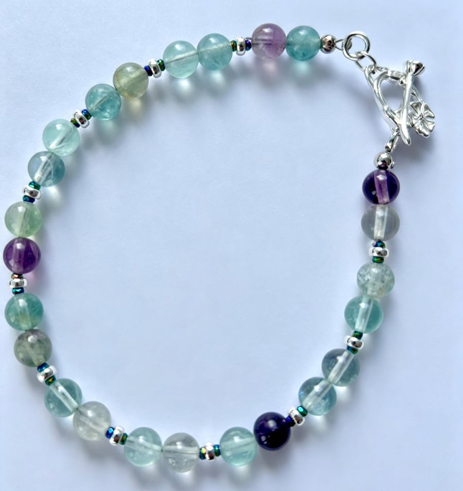 Handmade Fluorite Bracelet - Sterling Silver Rose Toggle Clasp