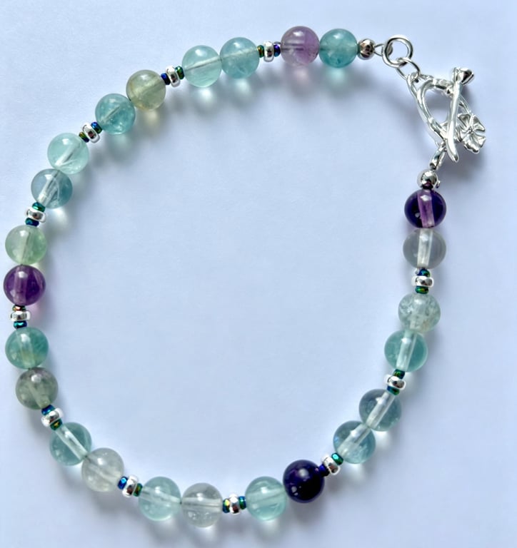 Handmade Fluorite Bracelet - Sterling Silver Rose Toggle Clasp