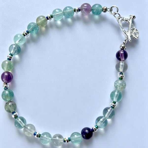 Handmade Fluorite Bracelet - Sterling Silver Rose Toggle Clasp