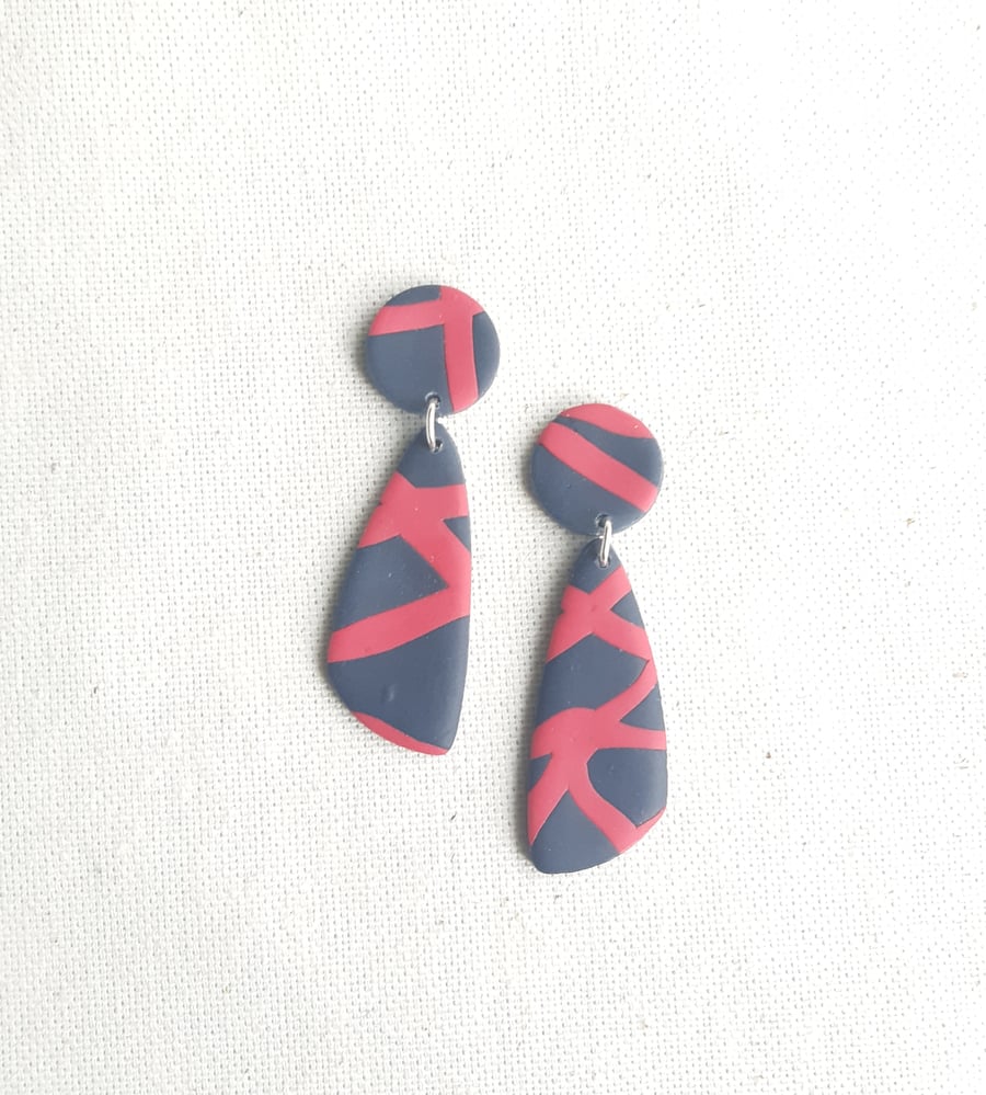 Blue and pink pebble earrings, Contemporary earrings, Polymer clay drops