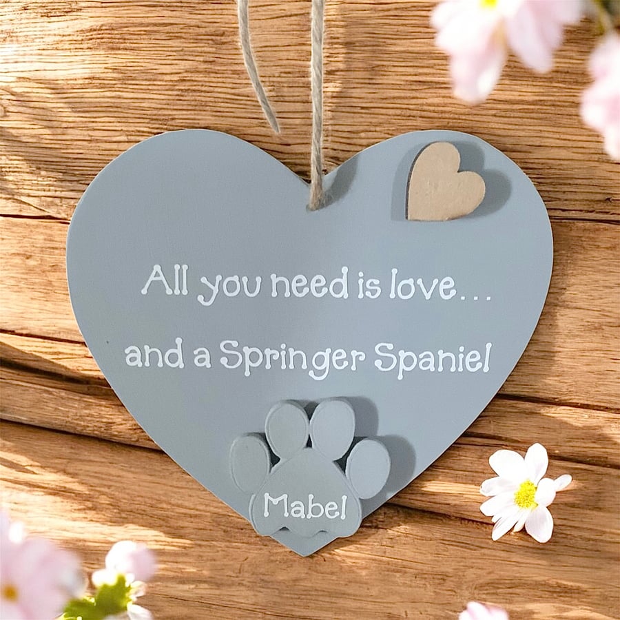 Springer Spaniel Gift With Personalised Paw Grey Wooden Hanging Heart Sign
