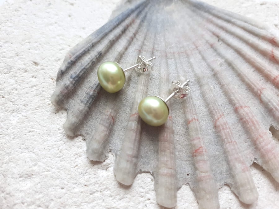 5.5-6mm Lime Freshwater Pearl Studs with Sterling Silver