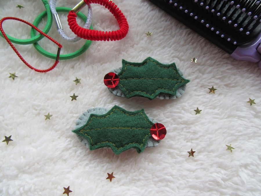 Holly hair clips, Christmas hair accessories for toddlers