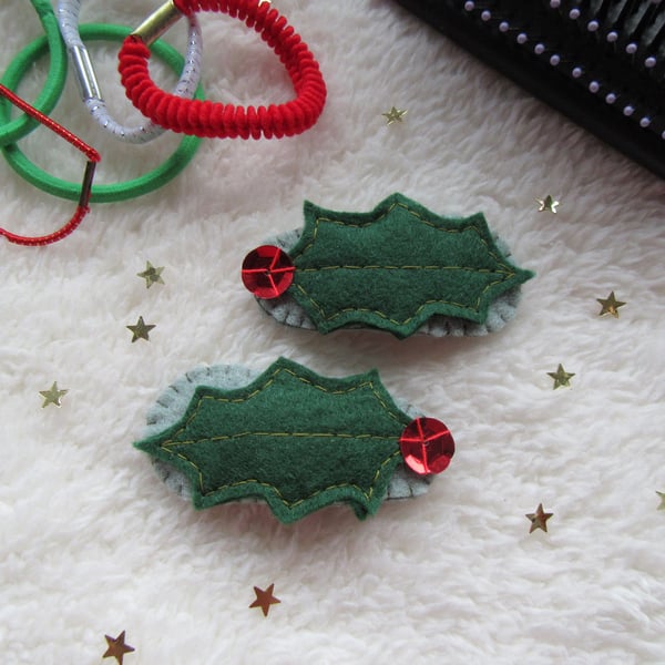 Holly hair clips, Christmas hair accessories for toddlers