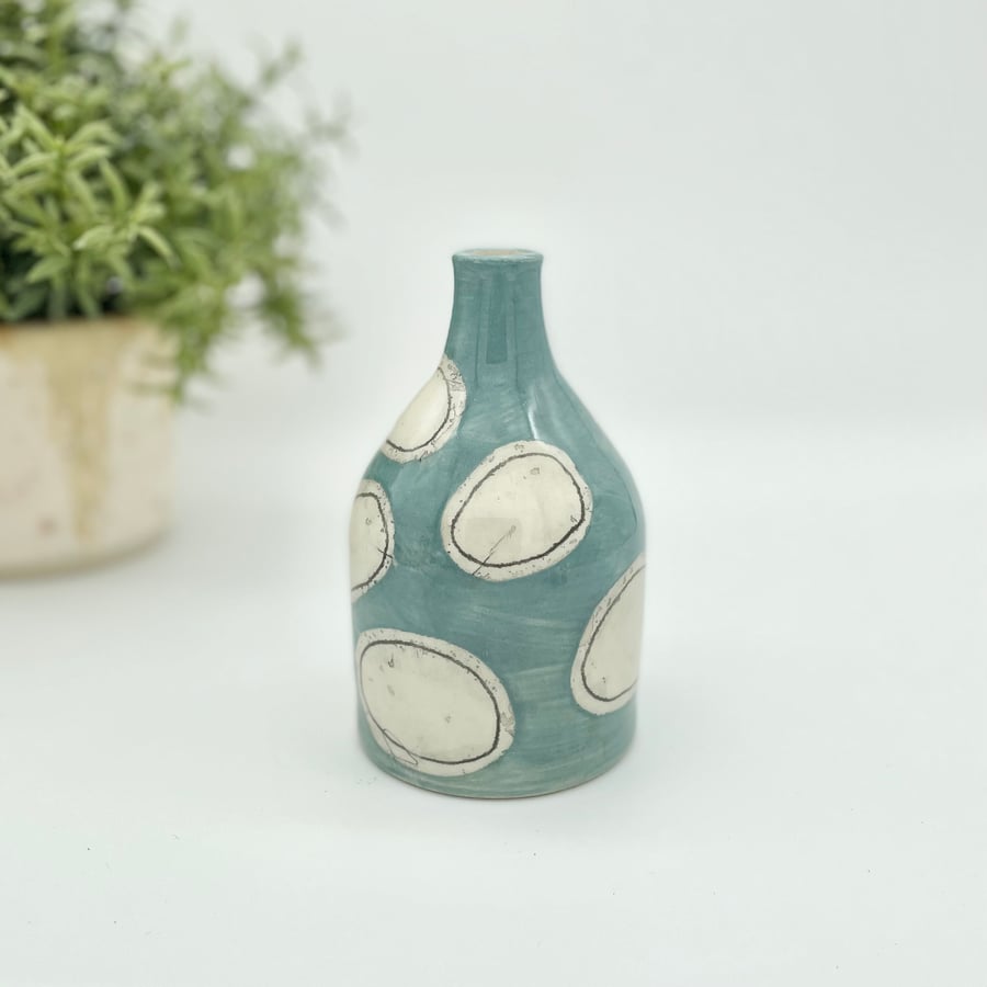 Unique Flower Bud Vase Blue with White Yellow Spots - Handmade Pottery Gift