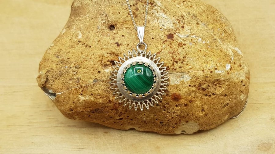 Green Malachite sun pendant necklace. 925 sterling silver necklaces for women