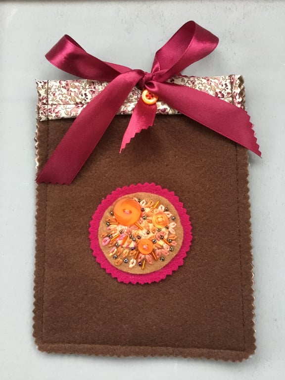 Hand Embroidered Chestnut Brown Felt Bag