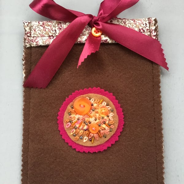 Hand Embroidered Chestnut Brown Felt Bag