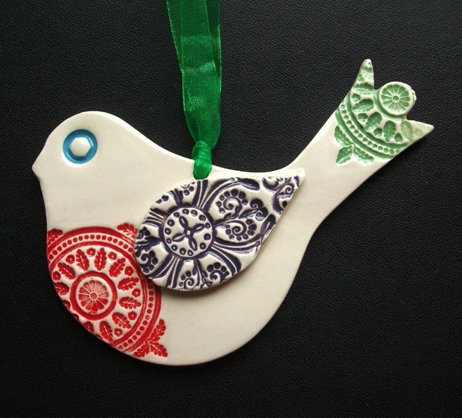 Bejewelled Bird ceramic Christmas decoration