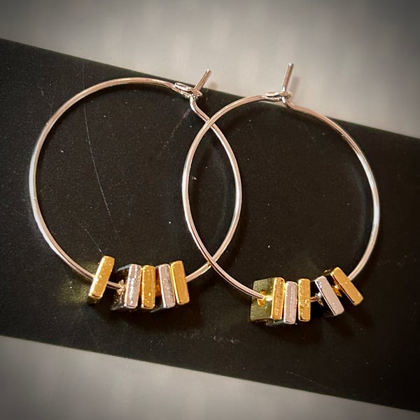 Silver Plated Hoop Earrings with Square Gold & Silver Beads