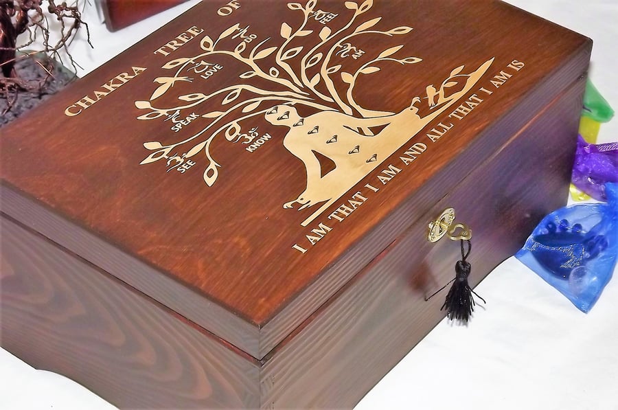 LOCKABLE ENGRAVED Handmade Chakra Tree Of Life wooden box. Spiritual Storage