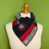 Neck Warmer Scarf with 3 button Trim. Upcycled Cowl. Felt Flower.  Blue and Red