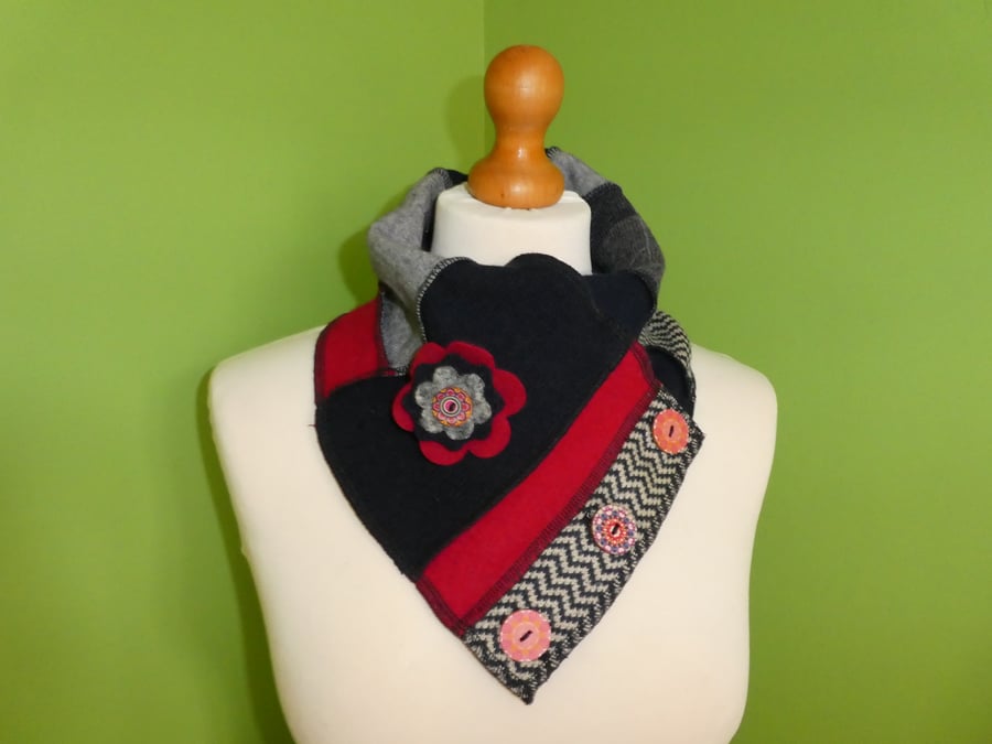 Neck Warmer Scarf with 3 button Trim. Upcycled Cowl. Felt Flower.  Blue and Red