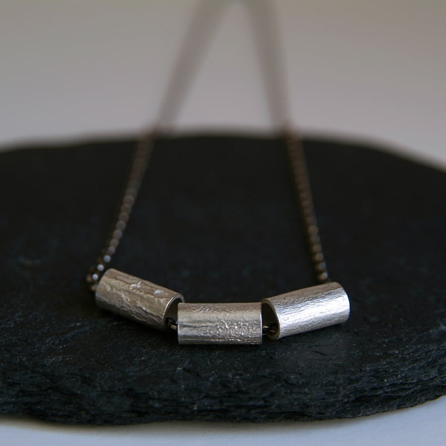 Silver Geometric Tube Necklace - Textured Spinning Necklace -  Mixed Colours