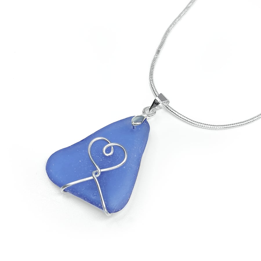 Blue Glass Pendant - Heart Necklace - Handmade Scottish Silver Beach Jewellery