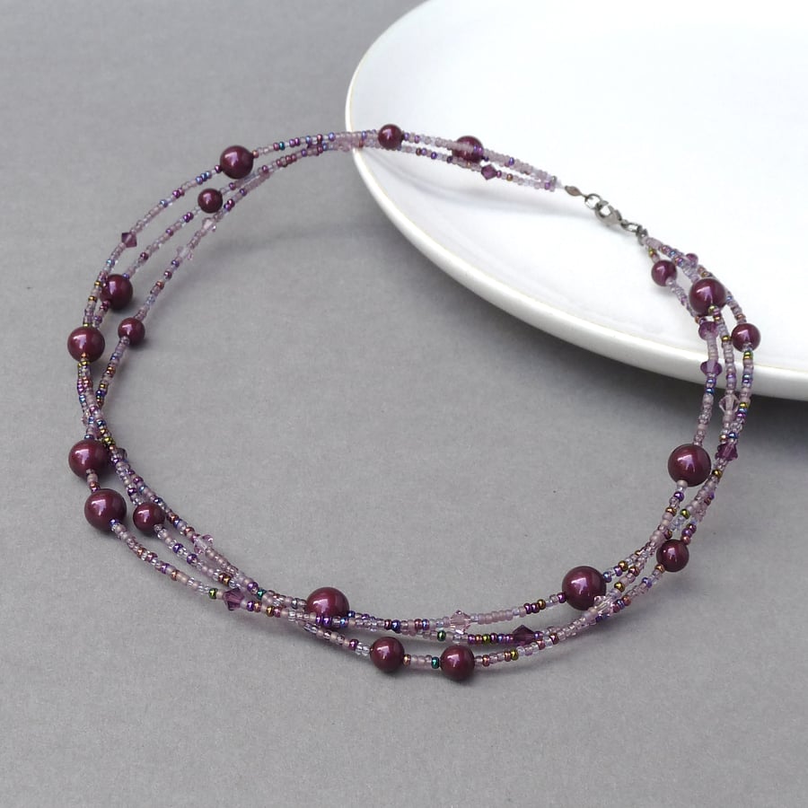 Plum Twisted Pearl Necklace - Blackberry Multi Strand Necklaces - Purple Gifts