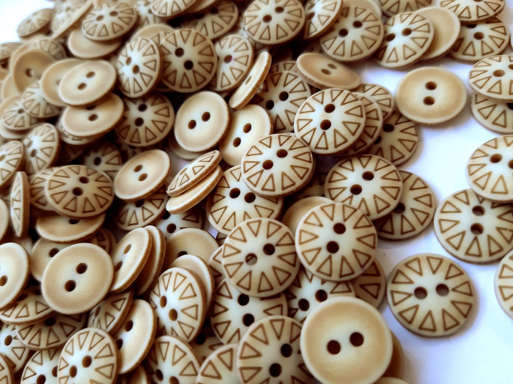 11mm, 2-hole  brown patterned buttons in packs of 20, 50 or 100
