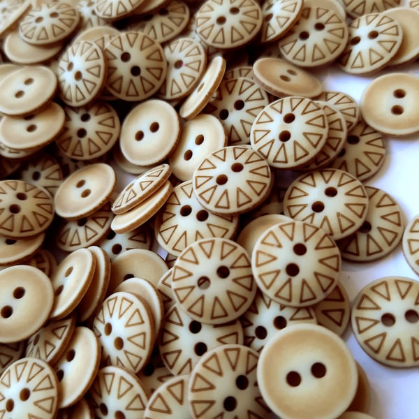 11mm, 2-hole  brown patterned buttons in packs of 20, 50 or 100
