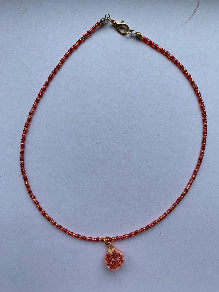 Beaded Necklace with Pomegranate Charm. Pink and Red. Glass Czech Seed Beads.