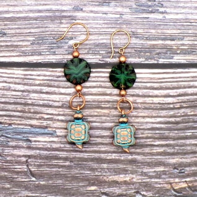 Turtle Verdigris Copper Dangle Earrings- Czech Glass Coins.