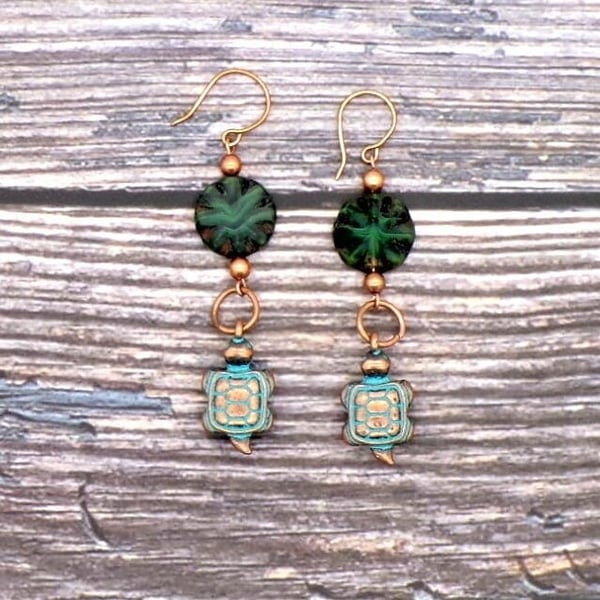 Turtle Verdigris Copper Dangle Earrings- Czech Glass Coins.