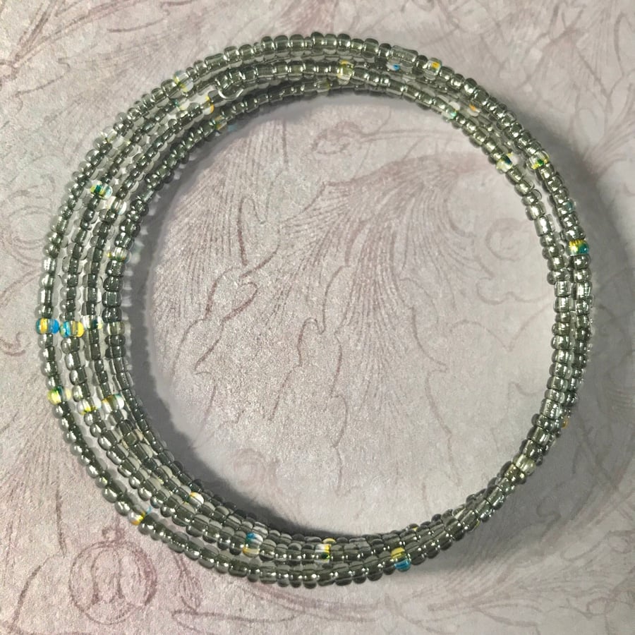 Gray and Multicoloured Seed Beaded Memory Wire Bracelet 