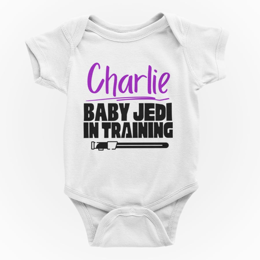 Funny Personalised Shortsleeve Baby Grow - Sci Fi Themed   Baby Jedi In Training