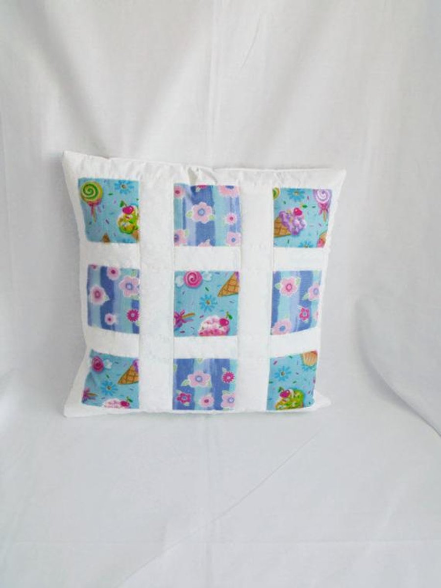 white patchwork window pane cushion cover, blue squares pillow slip 