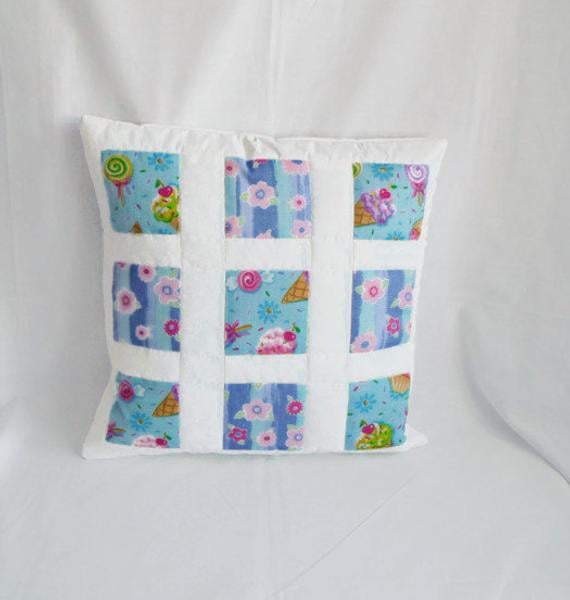 white patchwork window pane cushion cover, blue squares pillow slip 