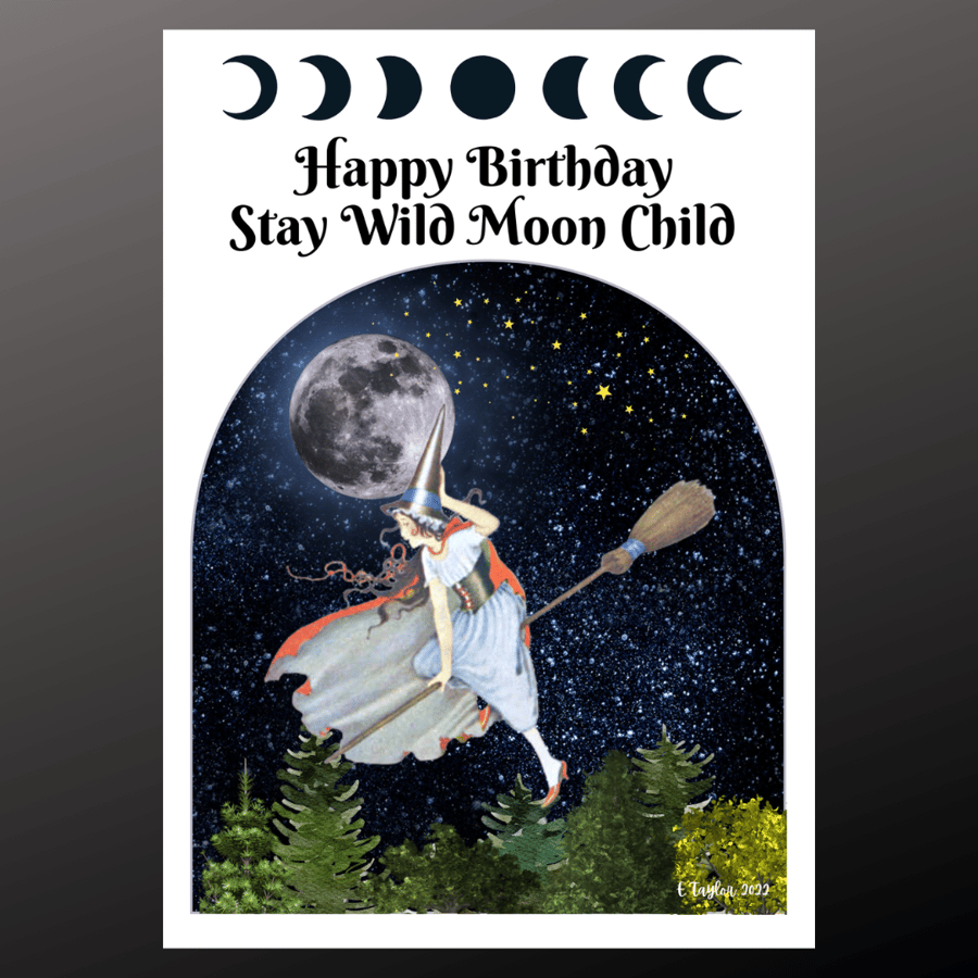 Stay Wild Moon Child Birthday Card Witch Flying Personalised Seeded Wiccan Pagan